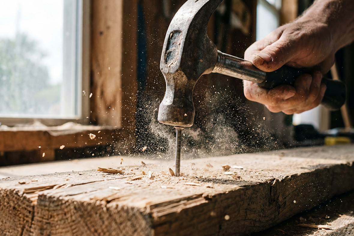 Ein Nagel wird mit einem Hammer in ein Brett geschlagen